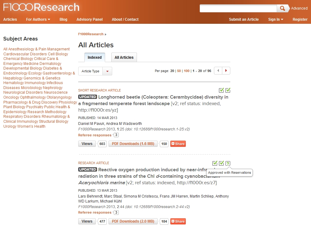 Figure 2. The article listing for F1000 Research, highlighting the way that evaluations are presented.