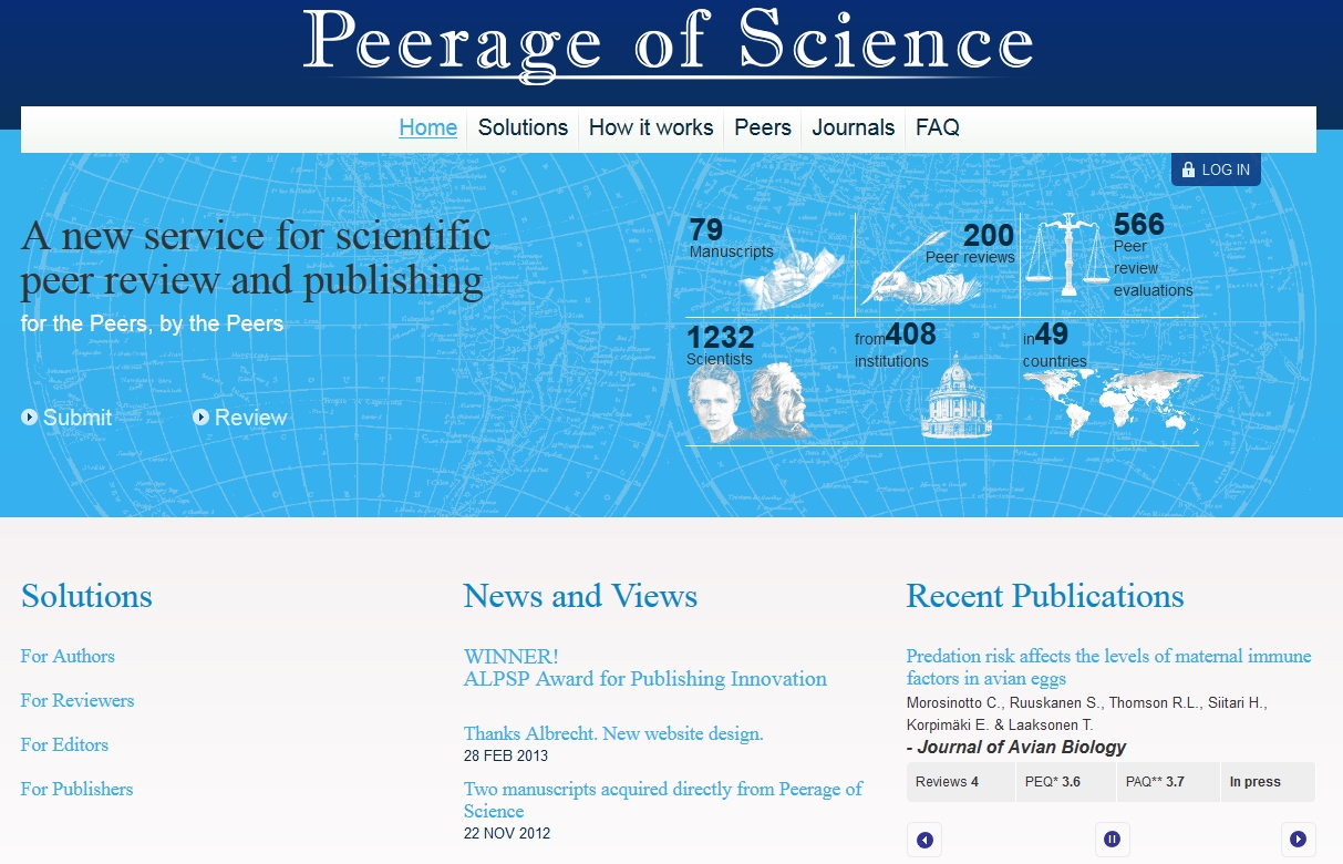 Figure 3. The Peerage of Science homepage.