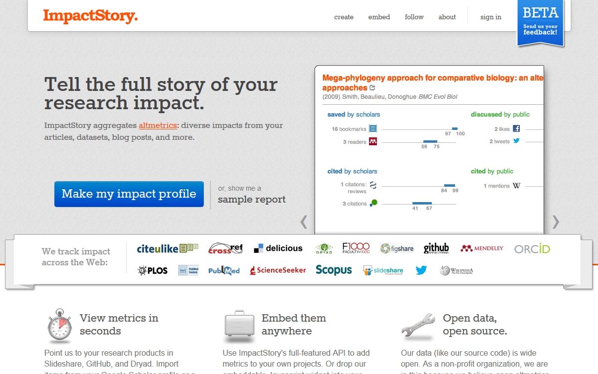 Figure 4. The Impact Story homepage, highlighting which sources they index and how they present metrics for a single article.